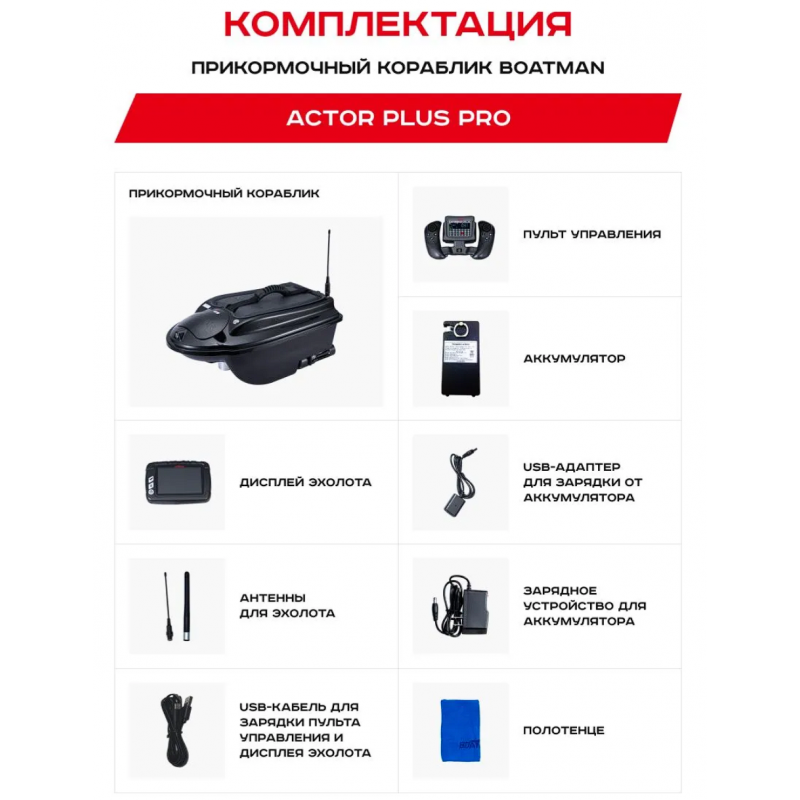 Прикормочный кораблик для рыбалки ACTOR PLUS Pro с эхолотом и GPS