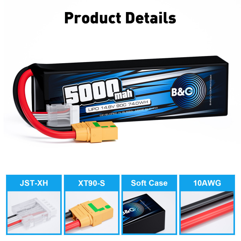 Аккумулятор LiPo B&C 5000 mAh 14.8V (4S) 90C XT90 Softcase B&C-5000-4S-90-S-XT90