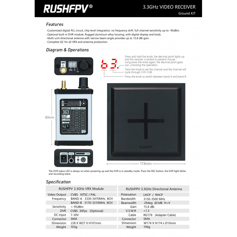 Видеоприемник RushFPV 3.3G с патч антенной 15.8DBI (DVR)