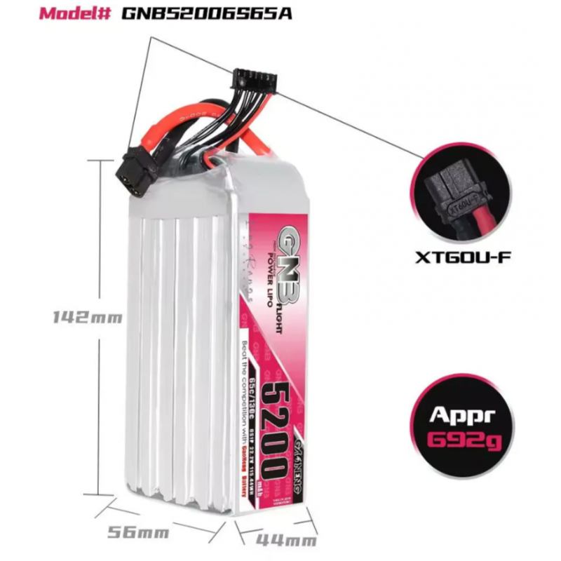 Аккумулятор Li-po Gaoneng GNB 5200mAh 6S 22.2V 65C XT60U (GNB52006S65A)