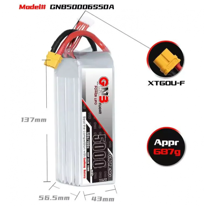 Аккумулятор Li-po Gaoneng GNB 5000mAh 6S 22.2V 50C XT60U (GNB50006S50A)