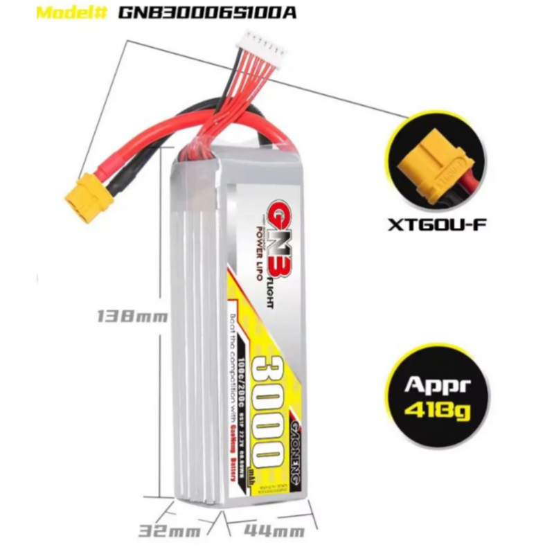 Аккумулятор Li-po Gaoneng GNB 3000mAh 6S 22.2V 100C XT60U (GNB30006S100A)