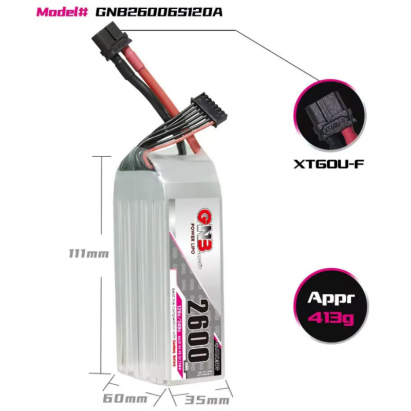 Аккумулятор Li-po Gaoneng GNB 2600mAh 6S 22.2V 120C XT60U (GNB26006S120A)