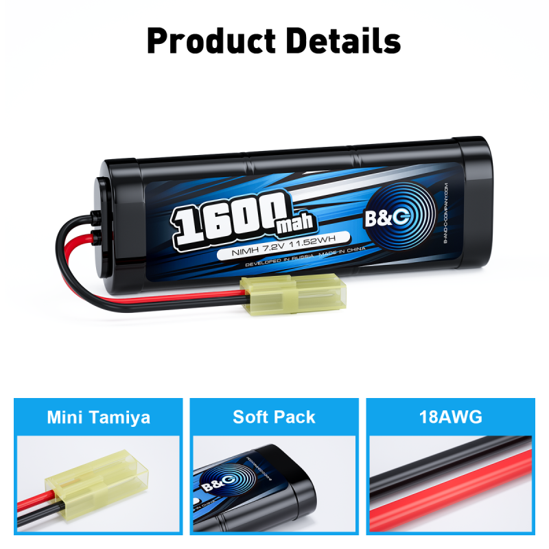 Аккумулятор NiMH B&C 6-Cells 1600mAh 7.2V Mini Tamiya
