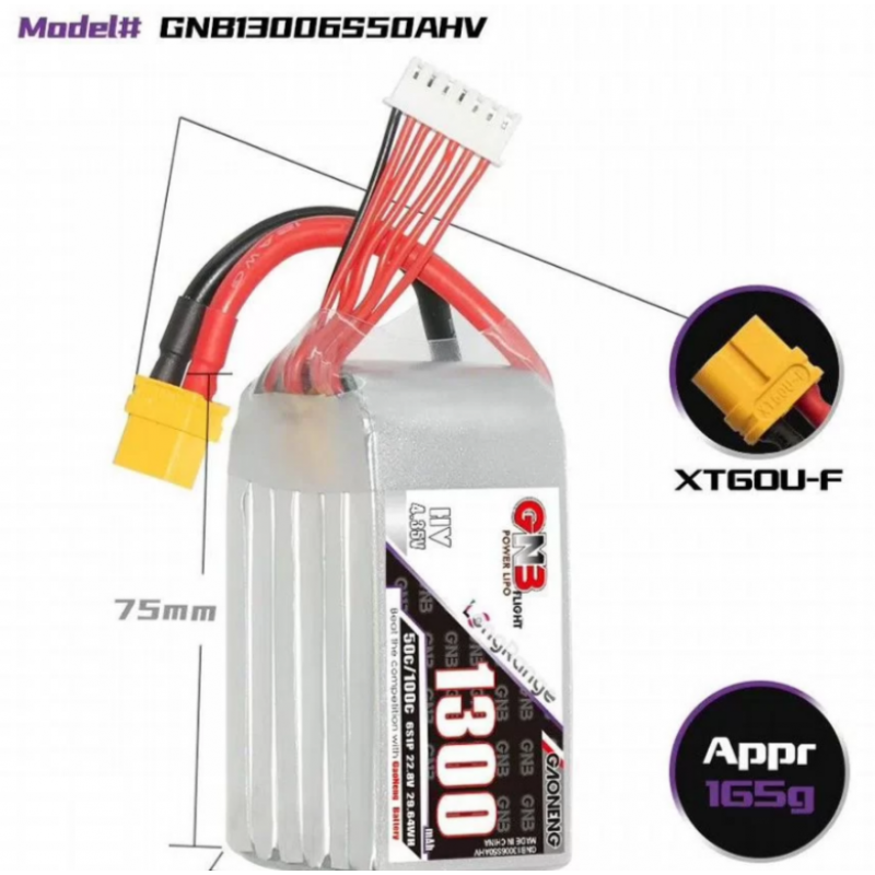 LiPo аккумулятор GNB 1300mAh 6S HV 50C/100C XT60U-F