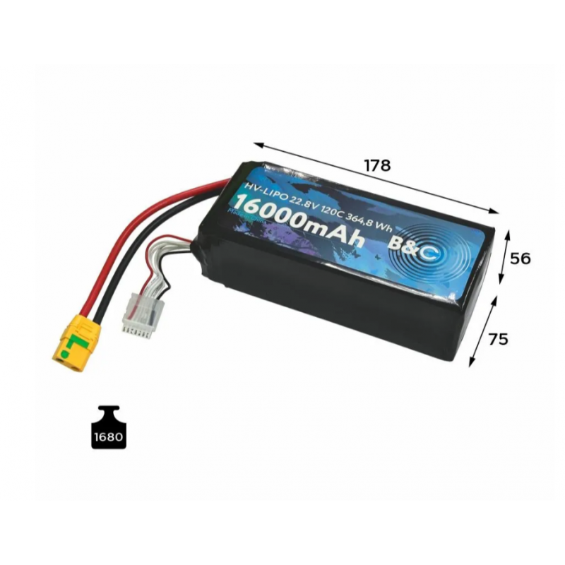 Аккумулятор B&C 16000mAh 6S HV 22.8V 120C XT90S (Soft Case)