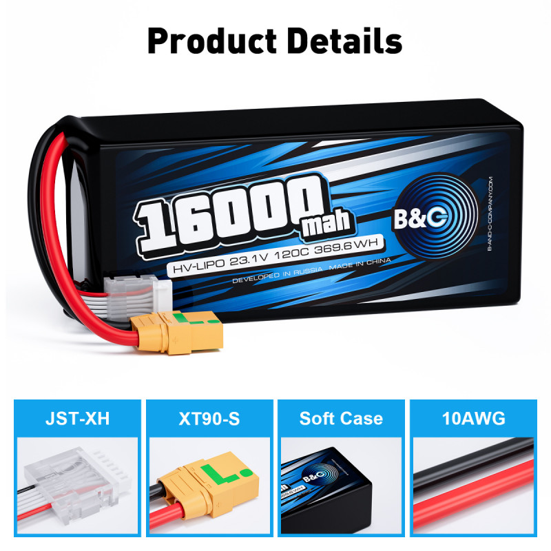 Аккумулятор Lipo B&C 16000 MAH 23.1V (6sHV) 120C, XT90S, Soft case