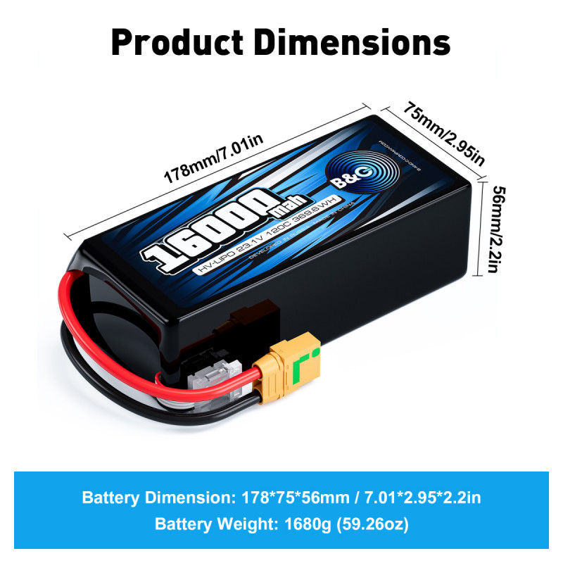 Аккумулятор Lipo B&C 16000 MAH 23.1V (6sHV) 120C, XT90S, Soft case
