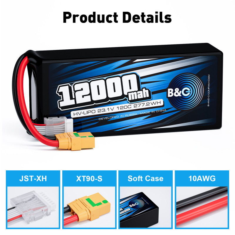 Аккумулятор Lipo B&C 12000 MAH 23.1V (6sHV) 120C, XT90S, Soft case B&C-12000-6SHV-120-S-XT90S