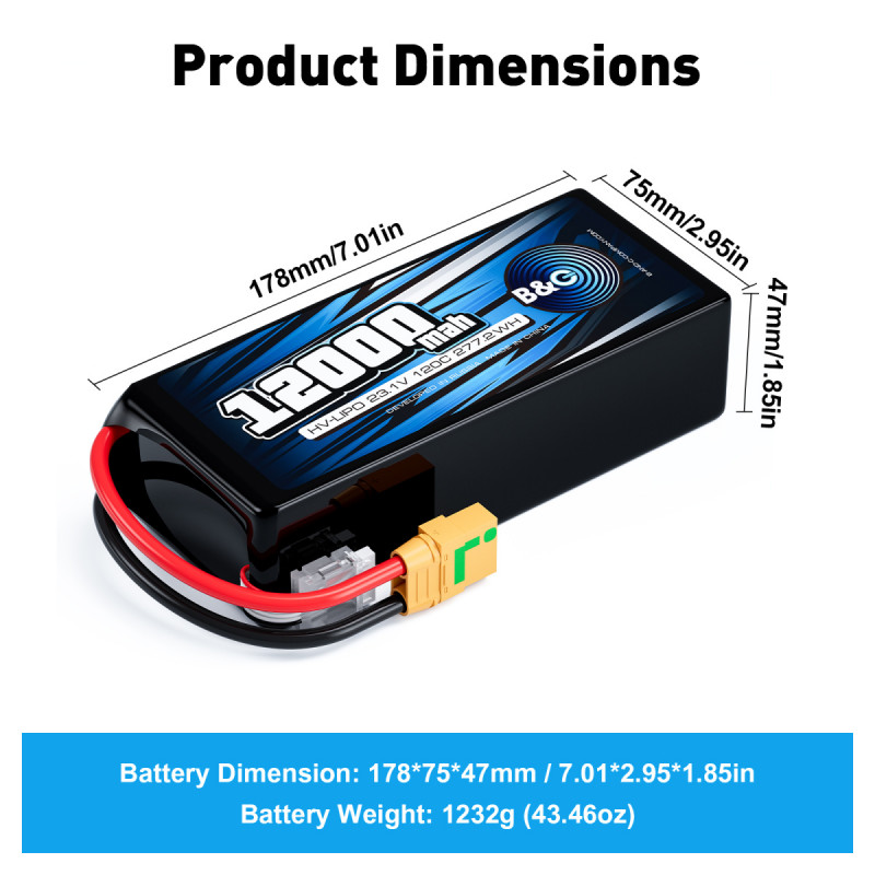 Аккумулятор Lipo B&C 12000 MAH 23.1V (6sHV) 120C, XT90S, Soft case B&C-12000-6SHV-120-S-XT90S