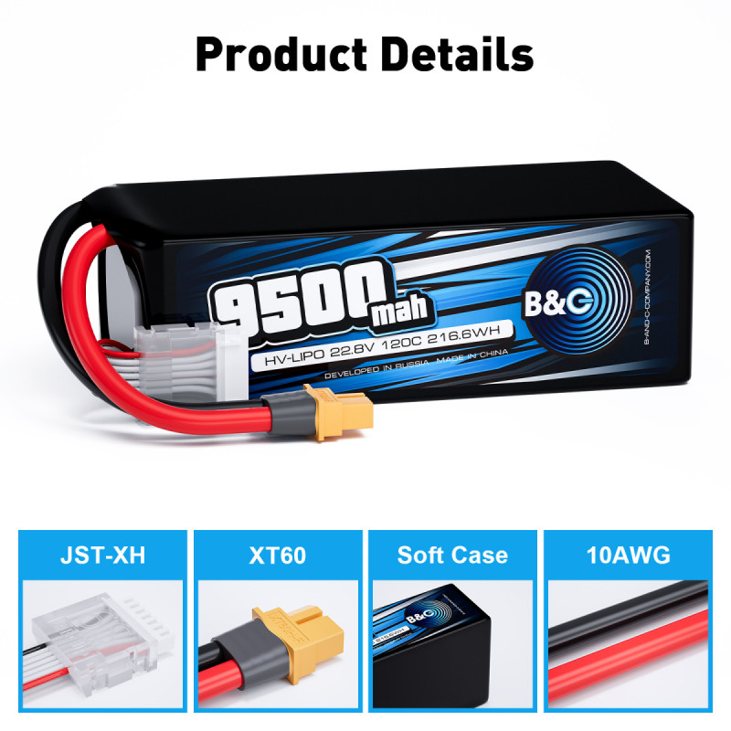 B&C 9500 mAh 22.8V (6S HV) 120C XT60 — LiPo аккумулятор Softcase