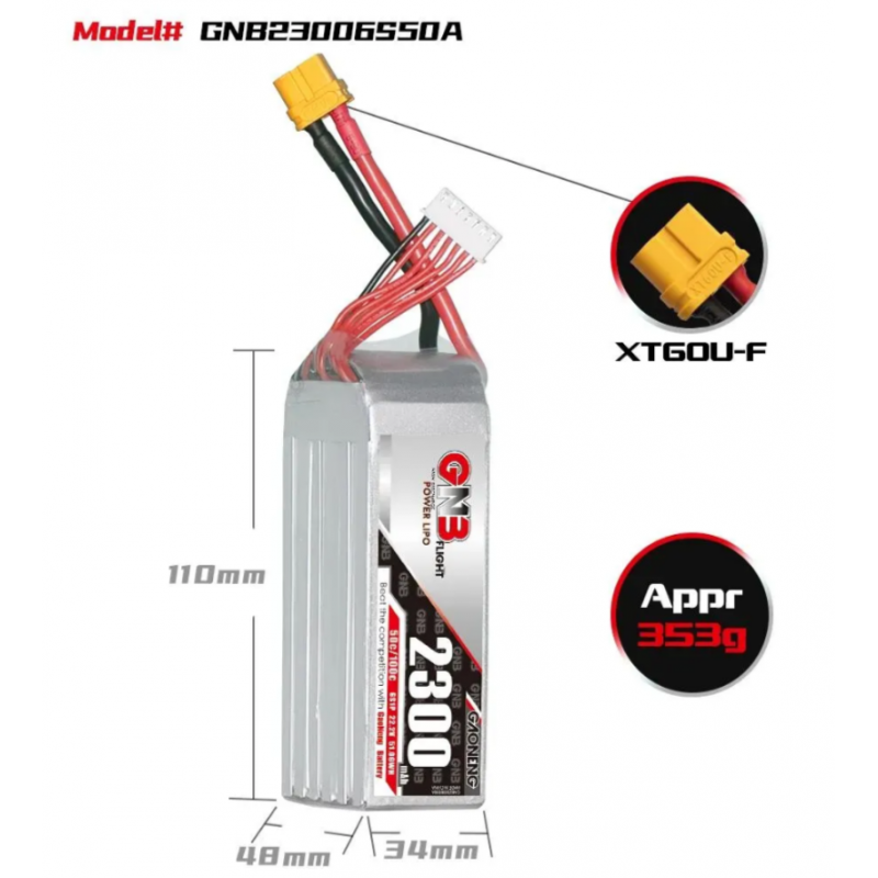 Аккумулятор Li-po Gaoneng GNB 2300mAh 6S 22.2V 50C XT60 (GNB23006S50A)