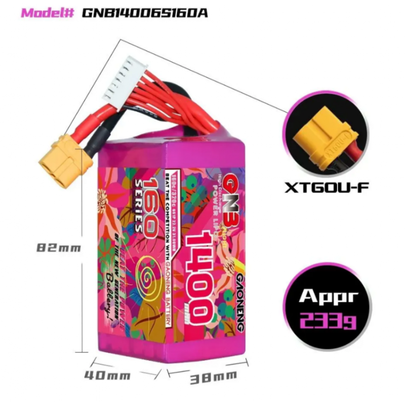 Аккумулятор Li-po Gaoneng GNB 1400mAh 6S 22.2V 160C XT60 (GNB14006S160A)