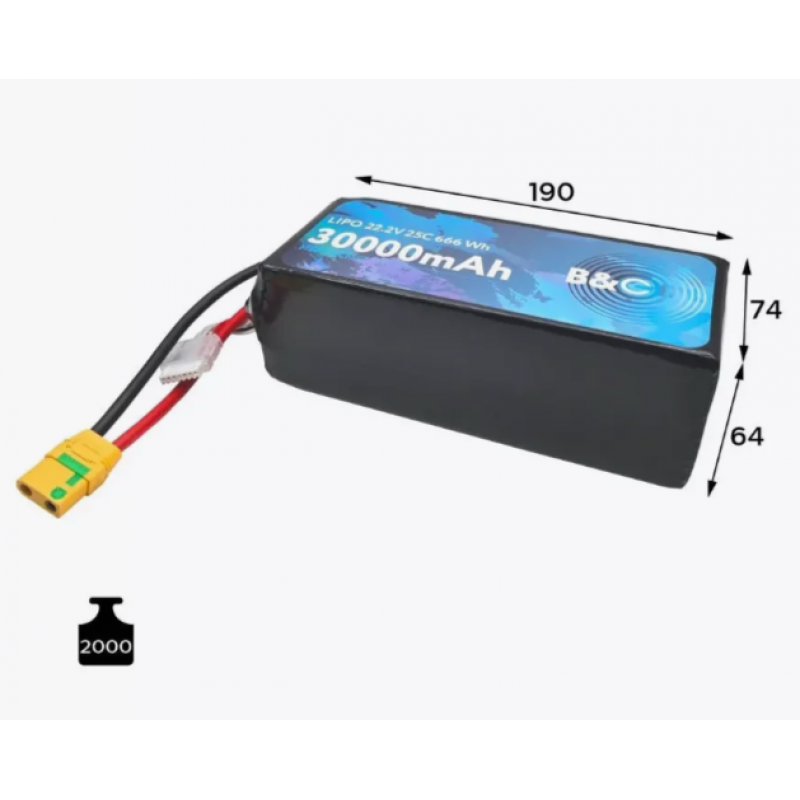 Аккумулятор Li-po B&C 30000mAh 6S 22.2V 25C XT90S (B&C-30000-6S-25-S-XT90S)