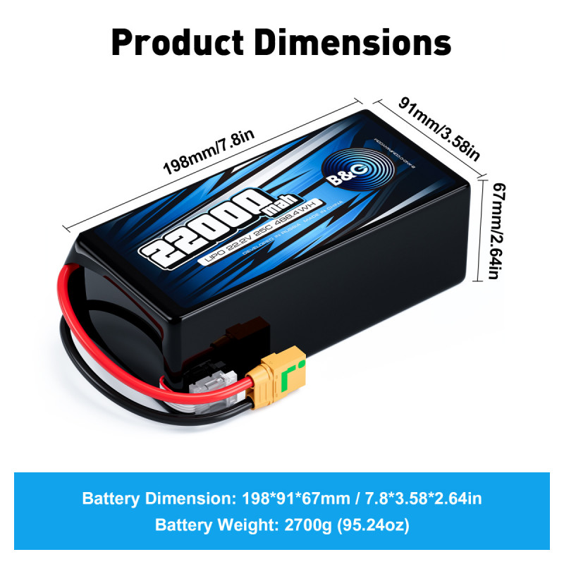 Аккумулятор Li-po B&C 22000mAh 6S 22.2V 25C XT90S (B&C-22000-6S-25-S-XT90S)