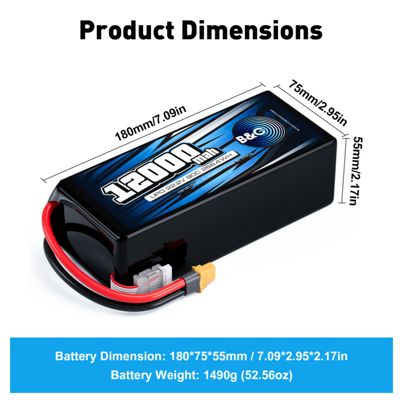 Аккумулятор Li-po B&C 12000mAh 6S 22.2V 90C XT60 (B&C-12000-6S-90-S-XT60)