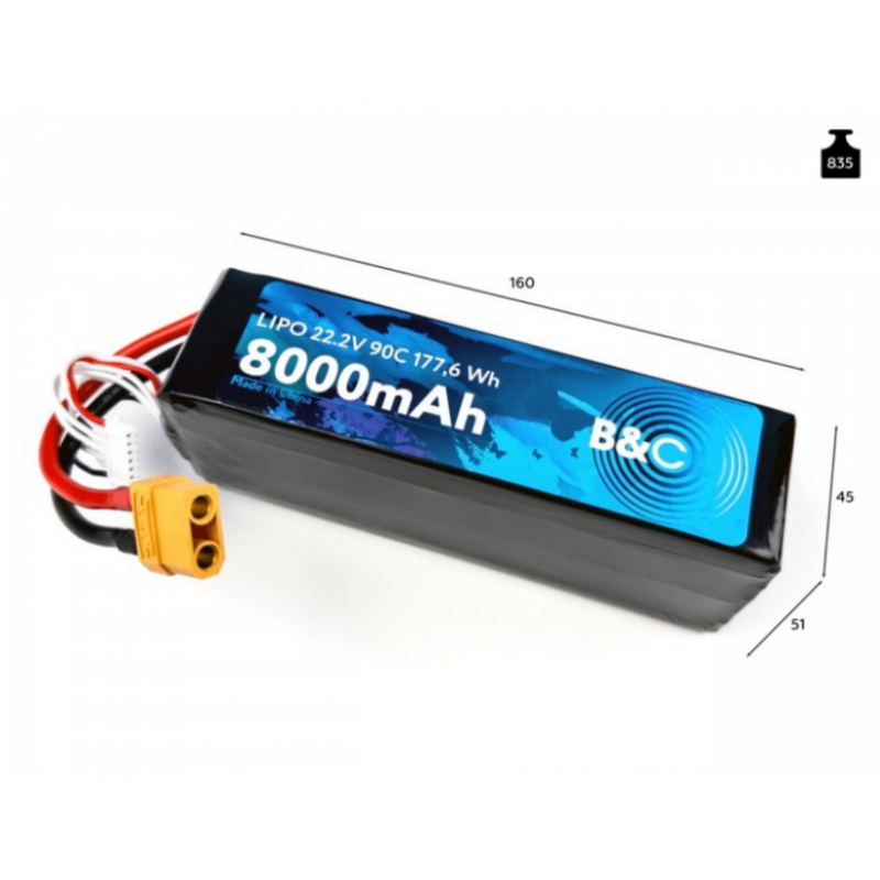 Аккумулятор LiPo B&C 8000 mAh 22.2V (6S) 90C XT-90 Softcase B&C-8000-6S-90-S-XT90