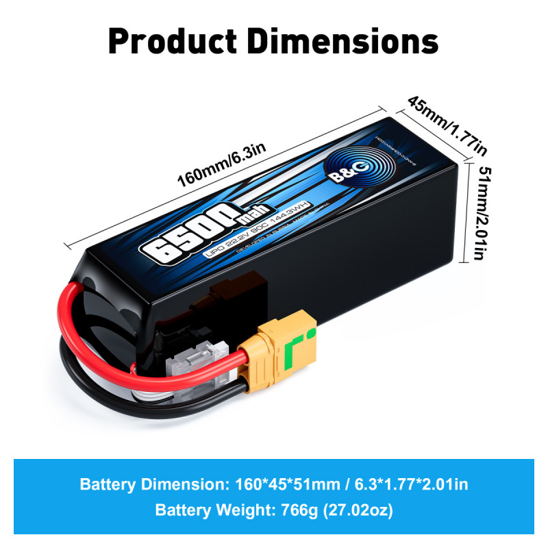 Аккумулятор LiPo B&C 6500 mAh 22.2V (6S) 90C XT90 Softcase B&C-6500-6S-90-S-XT90
