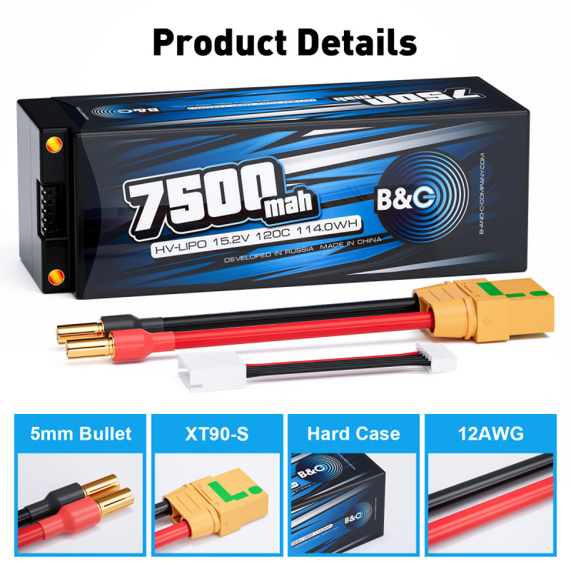 Аккумулятор LiPo B&C 7500 mAh 15.2V (4S HV) 120C XT90 Hardcase B&C-7500-4SHV-120-H-XT90
