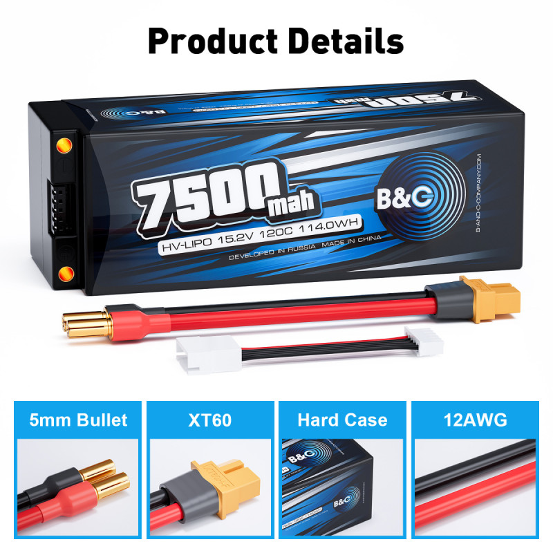 Аккумулятор LiPo B&C 7500 mAh 15.2V (4S HV) 120C XT60 Hardcase B&C-7500-4SHV-120-H-XT6