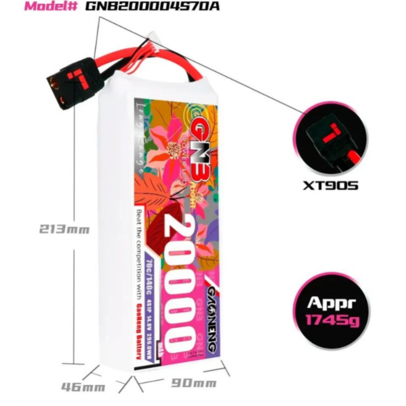 Аккумулятор LiPo Gaoneng GNB 20000 mAh 14.8V (4S) 70C XT90 Softcase GNB200004S70A