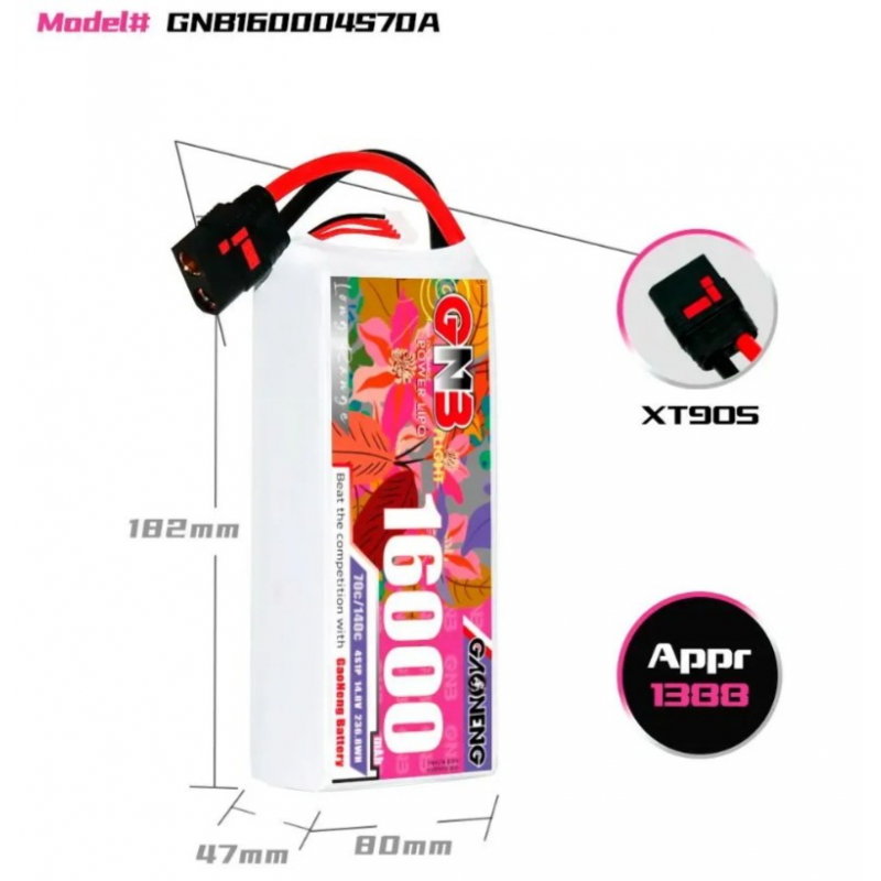 Аккумулятор LiPo Gaoneng GNB 16000 mAh 14.8V (4S) 70C XT90 Softcase GNB160004S70A