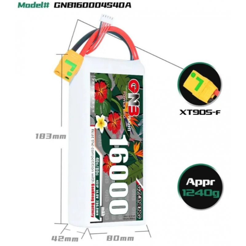 Аккумулятор LiPo Gaoneng GNB 16000 mAh 14.8V (4S) 40C XT90 Softcase GNB160004S40A