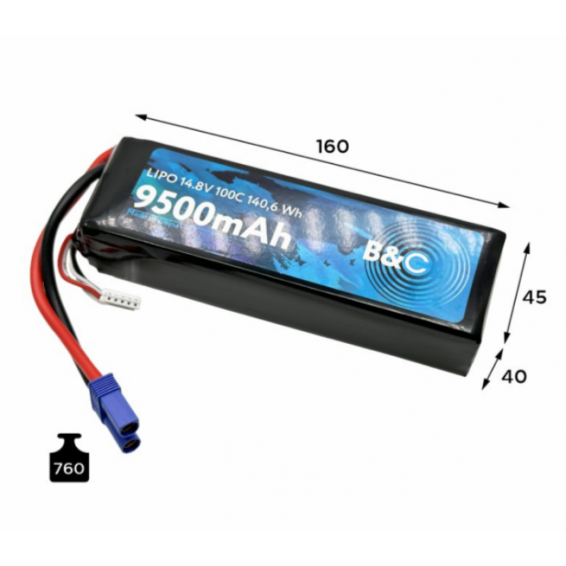 Аккумулятор LiPo B&C 9500 mAh 14.8V (4S) 100C EC5 Softcase B&C-9500-4S-100-S-EC5