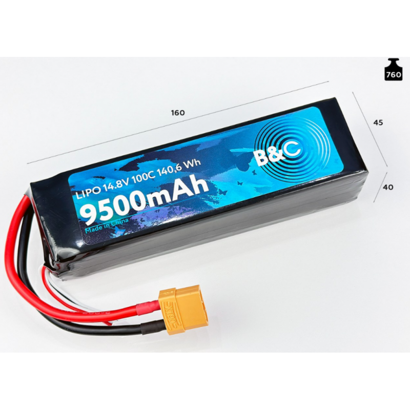 Аккумулятор LiPo B&C 9500 mAh 14.8V (4S) 100C XT90 Softcase B&C-9500-4S-100-S-XT90