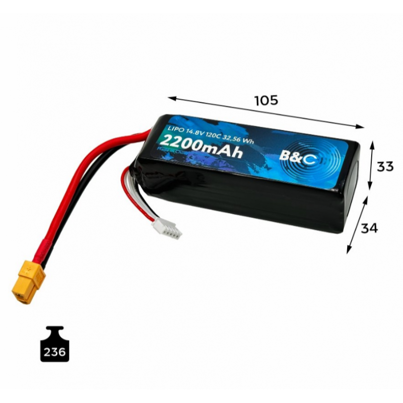 Аккумулятор LiPo B&C 2200 mAh 14.8V (4S) 120C XT60 Softcase B&C-2200-4S-120-S-XT60