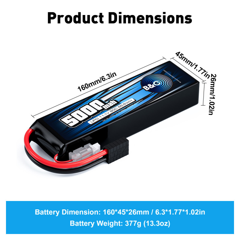 Аккумулятор Li-Po B&C 5000 mAh 11.1V (3S) 90C с разъёмом TRX