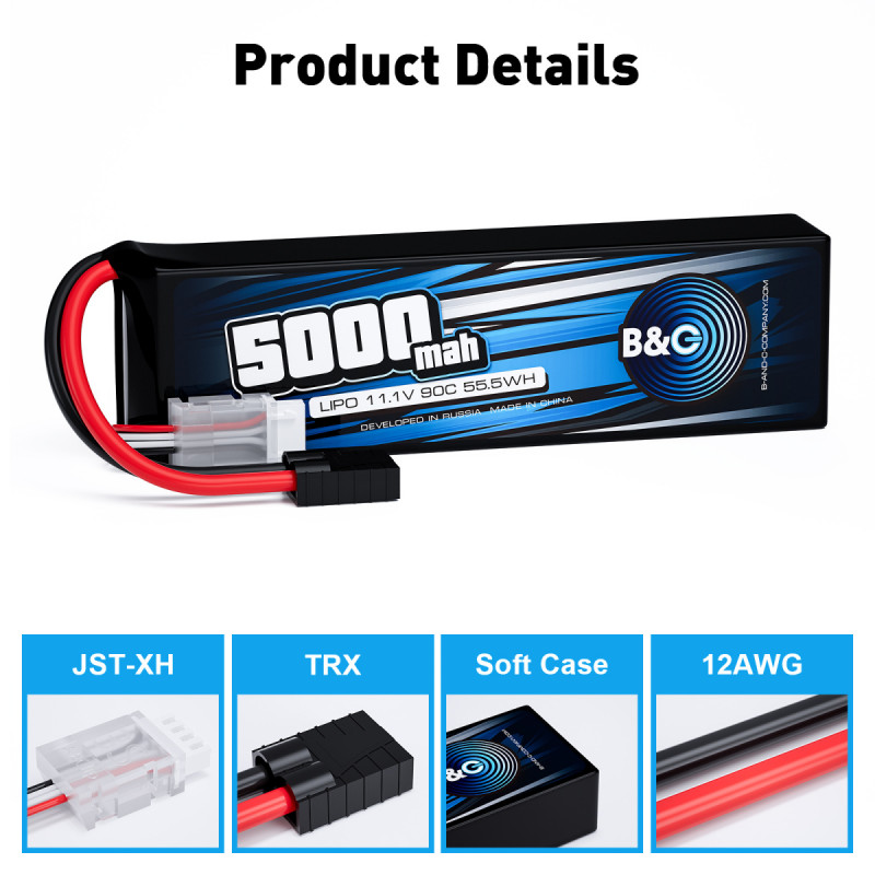 Аккумулятор Li-Po B&C 5000 mAh 11.1V (3S) 90C с разъёмом TRX