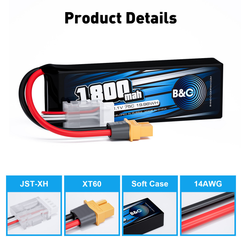 Аккумулятор Li-Po B&C 1800 mAh 11.1V (3S) 75C с разъёмом XT60