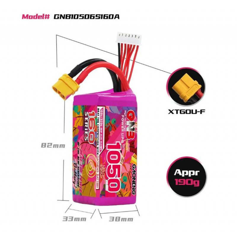 Аккумулятор Li-Po Gaoneng GNB 1050mAh 6S 22.2V 160C XT60