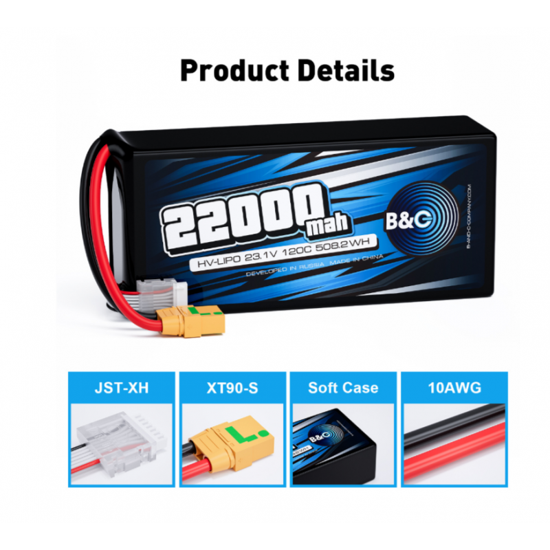 Аккумулятор Li-Po B&C 22000 MAH 23.1V (6sHV) 120C, XT90S, Soft case B&C-22000-6SHV-120-S-XT90S купить в России