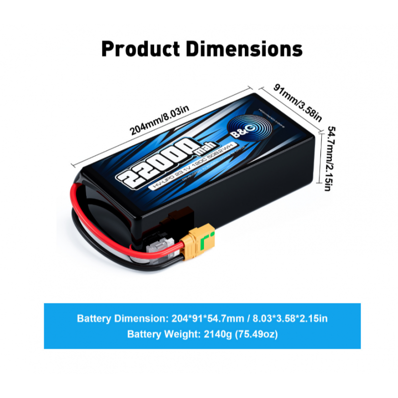 Аккумулятор Li-Po B&C 22000 MAH 23.1V (6sHV) 120C, XT90S, Soft case B&C-22000-6SHV-120-S-XT90S купить в России