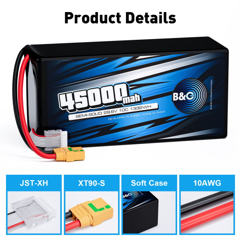 Аккумулятор Semi-Solid (Li-Po) B&C 45000 MAH 29.6V (8s) 10C, XT90S, Soft case B&C-45000-8S-10-S-XT90S