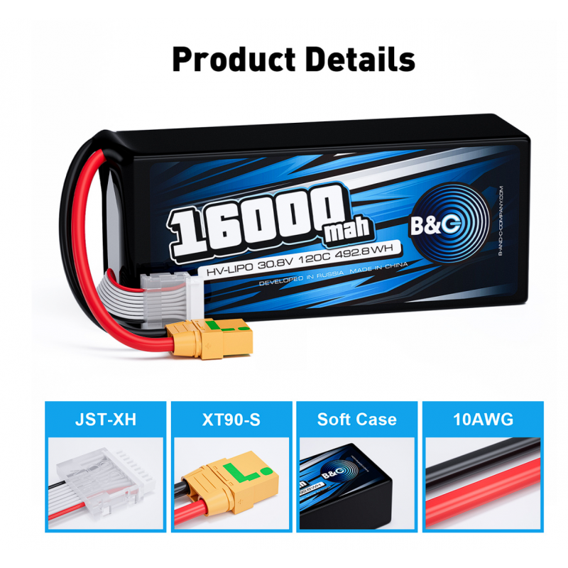 Аккумулятор Li-Po B&C 16000 mAh 30.8V (8S HV) 120C XT90S Soft Case
