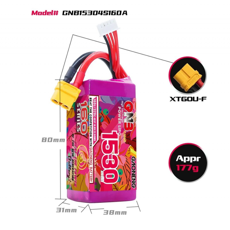 Аккумулятор Li-po Gaoneng GNB 1530mah 4S1P 14.8V 160C GNB15304S160A-XT60