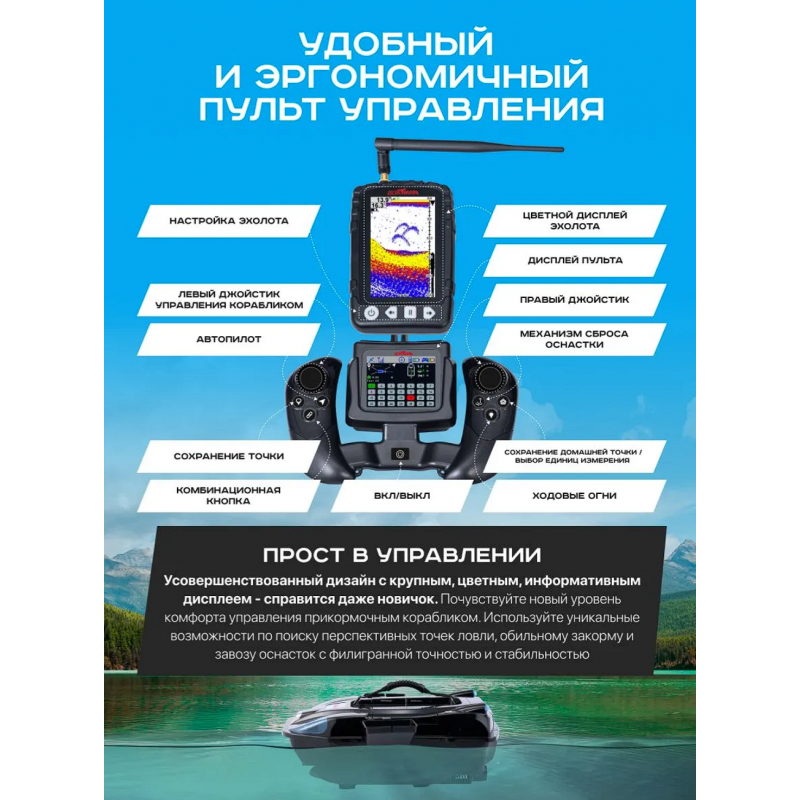 Прикормочный кораблик Boatman Leader Pro Black с эхолотом и GPS LE-PRO