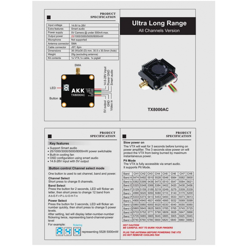 Видеопередатчик AKK Ultra Long Range TX8000AC 96CH 8W 4,9–6,06 ГГц