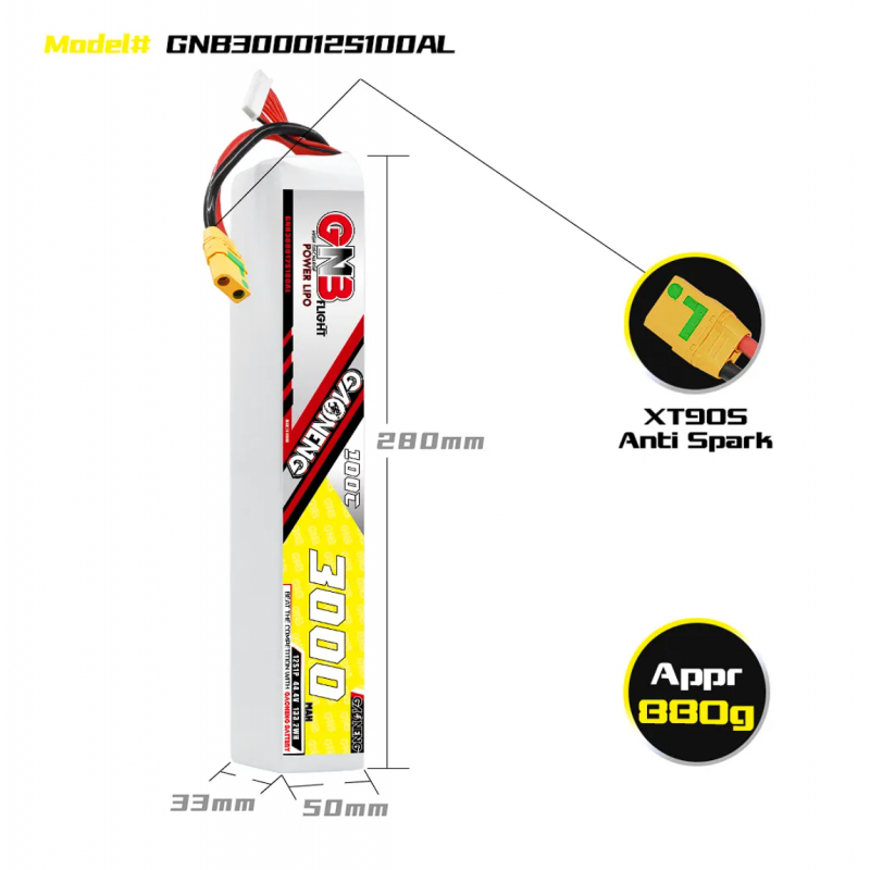 Аккумулятор LiPo GAONENG GNB 3000mAh 12S1P 44.4V 100C 280х50х33mm XT90S GNB300012S100AL-XT90S