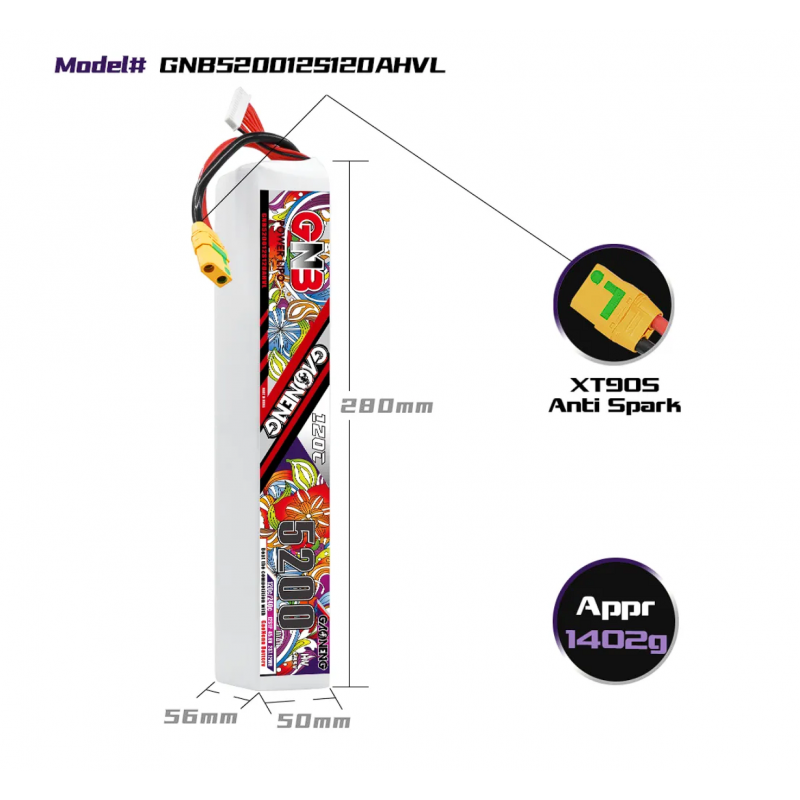 Аккумулятор LiPo GAONENG GNB 5200mAh 12S1P 45.6V 120C 280х50х56mm XT90S GNB520012S120AHVL-XT90S
