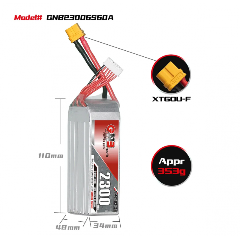Аккумулятор LiPo GAONENG GNB 2300mAh 6S1P 22.2V 60C XT60 GNB23006S60A-XT60
