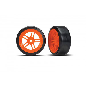 Tires and wheels, assembled, glued (split-spoke orange wheels, 1.9" Drift tires) (front) - Артикул: TRA8376A