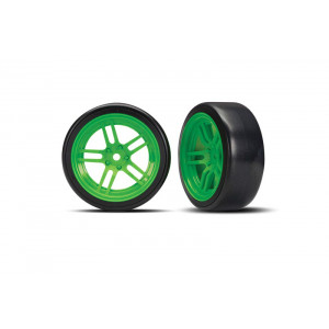 Tires and wheels, assembled, glued (split-spoke green wheels, 1.9" Drift tires) (front) - Артикул: TRA8376G