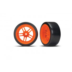 Tires and wheels, assembled, glued (split-spoke orange wheels, 1.9" Drift tires) (rear) - Артикул: TRA8377A