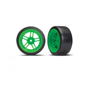 Tires and wheels, assembled, glued (split-spoke green wheels, 1.9" Drift tires) (rear) - Артикул: TRA8377G