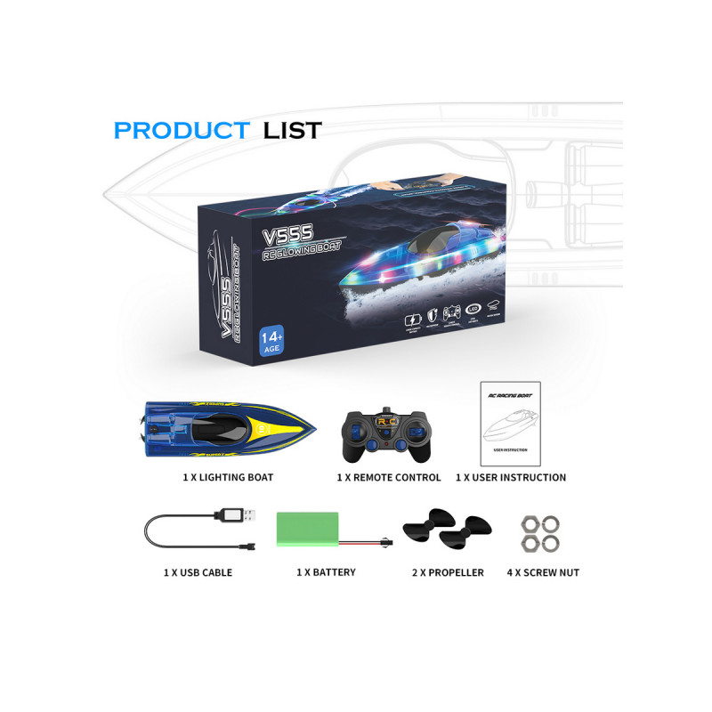 Радиоуправляемый катер Flytec V555 (голубой) с подсветкой 2.4G RTR
