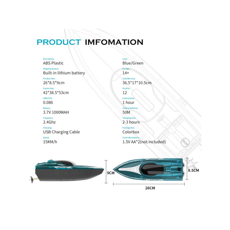 Радиоуправляемый катер Flytec V555 (зеленый) с подсветкой 2.4G RTR